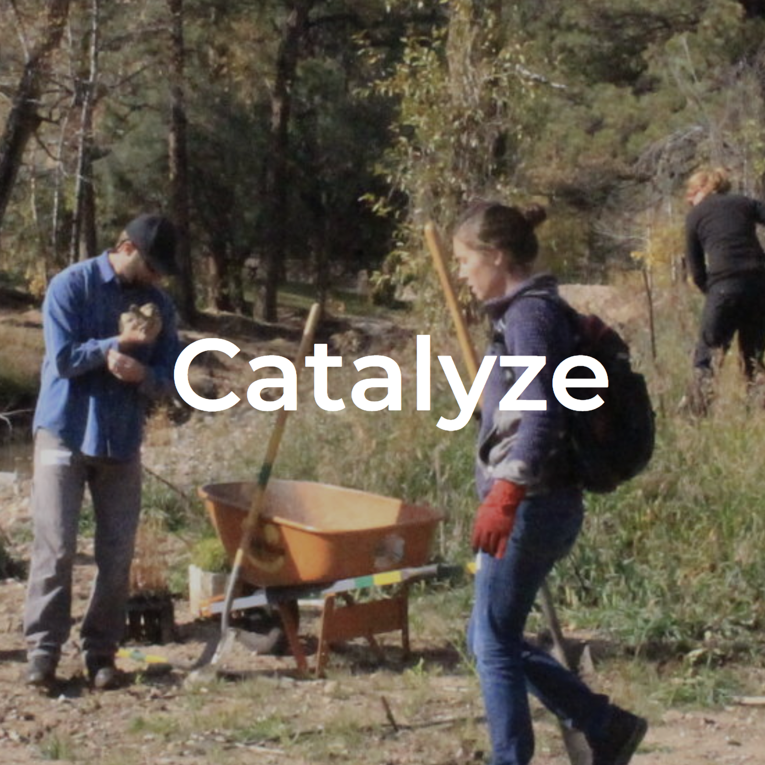 image of the word "catalyze" over two individuals doing field work