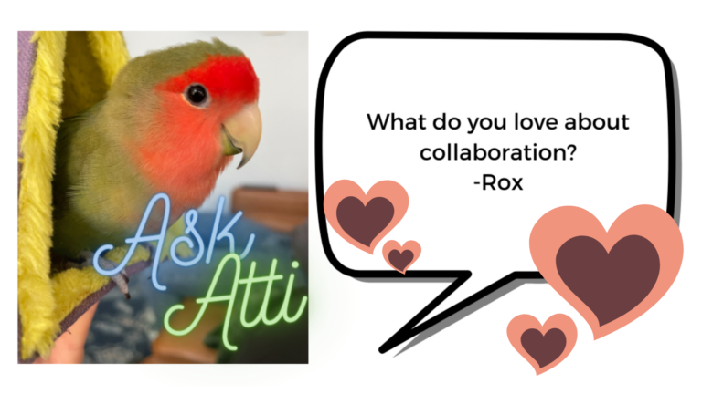 Atti, a peach-faced lovebird, pictured with a speech bubble saying, "What do you love about collaboration? -Rox"